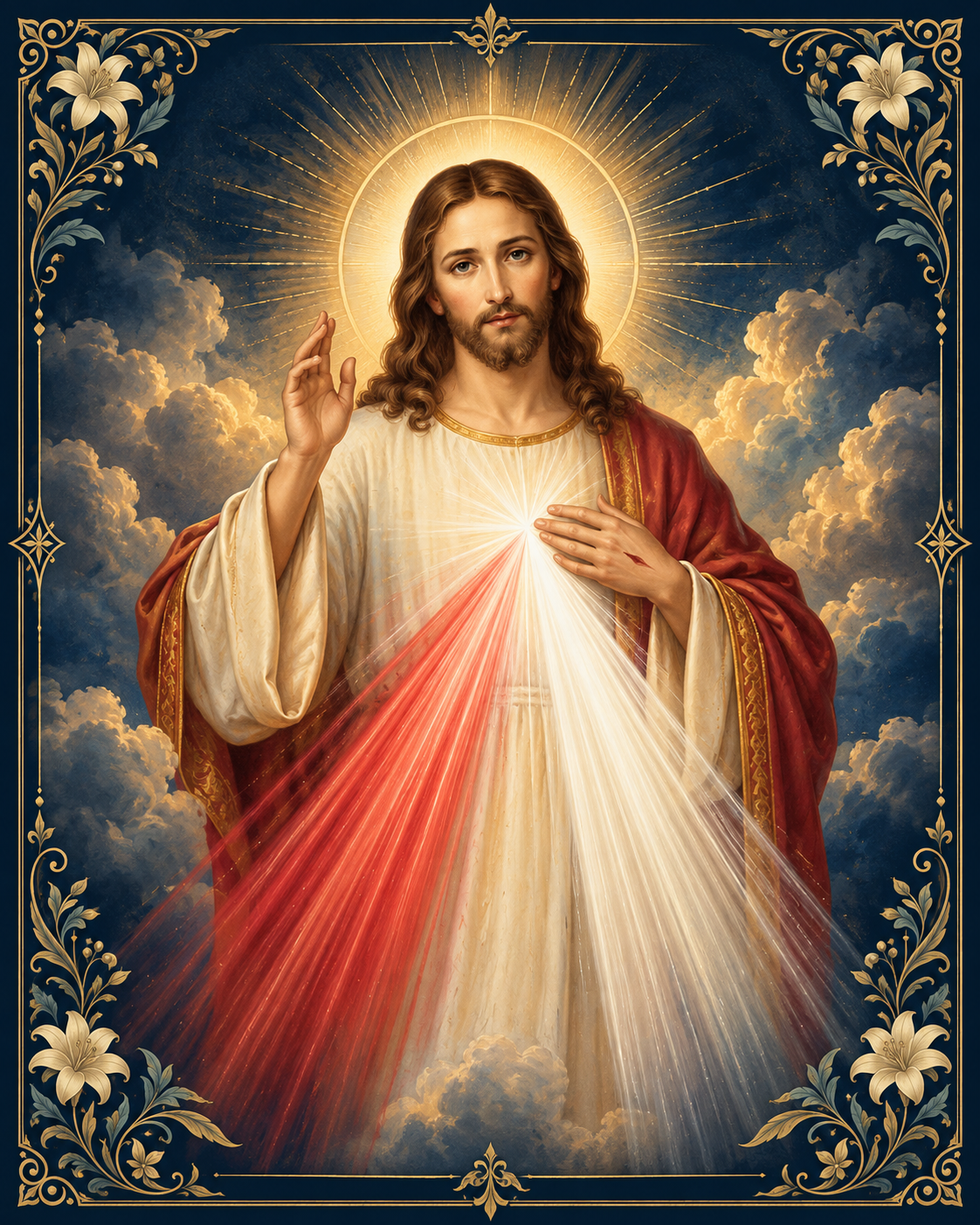 Ilustração devocional de Jesus Misericordioso com raios de luz e moldura dourada