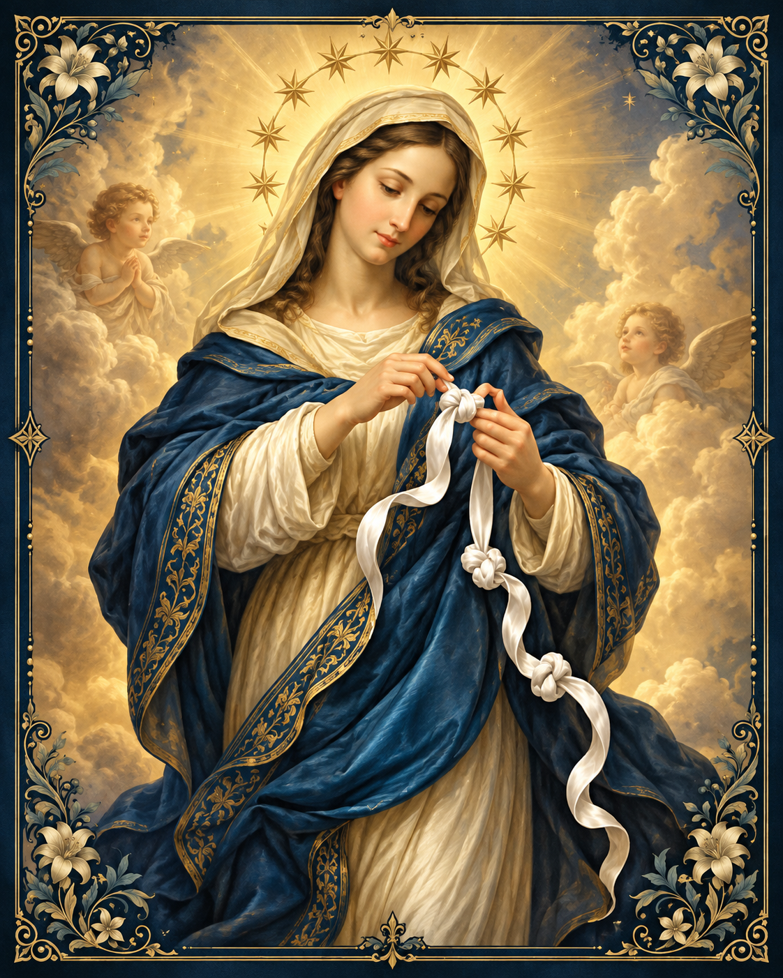 Ilustração de Nossa Senhora Desatadora de Nós soltando os nós de uma fita branca