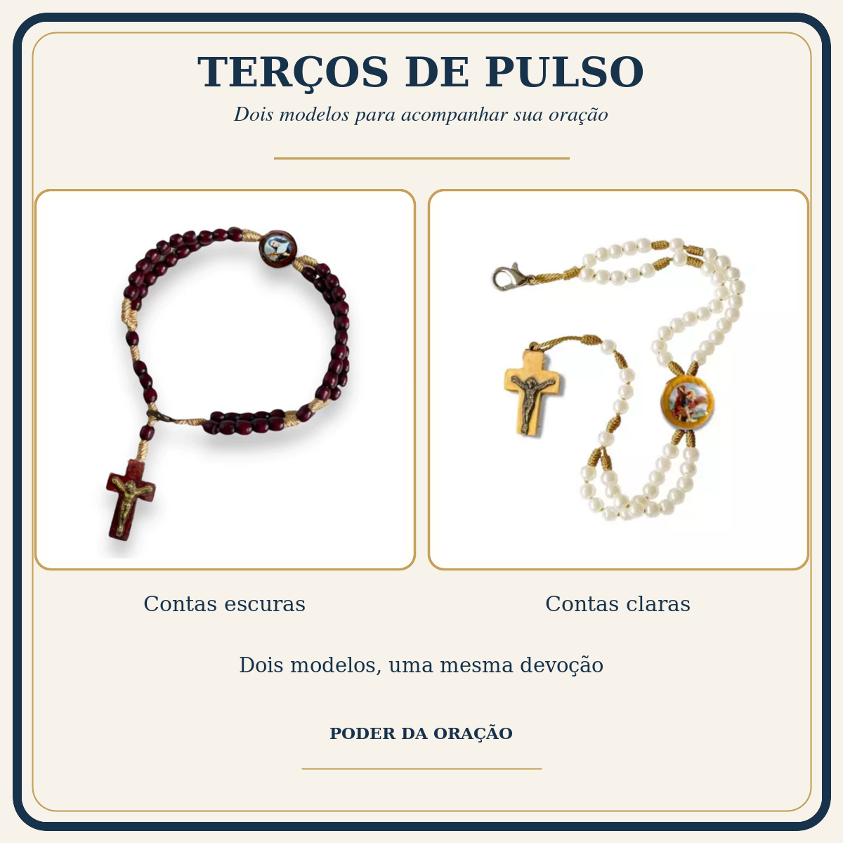 Dois modelos de terço de pulso, um de contas escuras e outro de contas claras